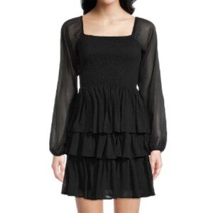 NWT Madden NYC Women's Black Triple Ruffle Smocked Peasant Dress, size S